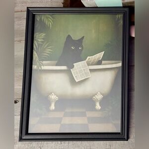 Funny Black Cat in Bathtub Reading Newspaper Framed 8x10 Art